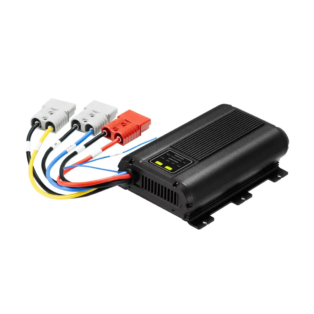 The black 60A 12V DC-DC Charger with Solar Input displays green indicator LEDs, cooling vents, and multi-colored Anderson plug connections.