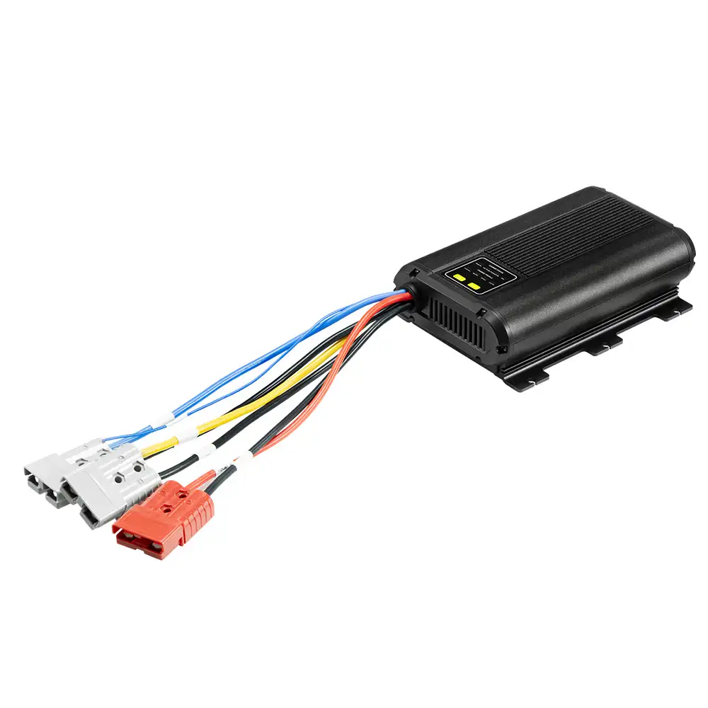 The black 60A 12V DC-DC Charger with Solar Input features multi-colored wires connected to grey and red Anderson plugs, with yellow LED indicators.
