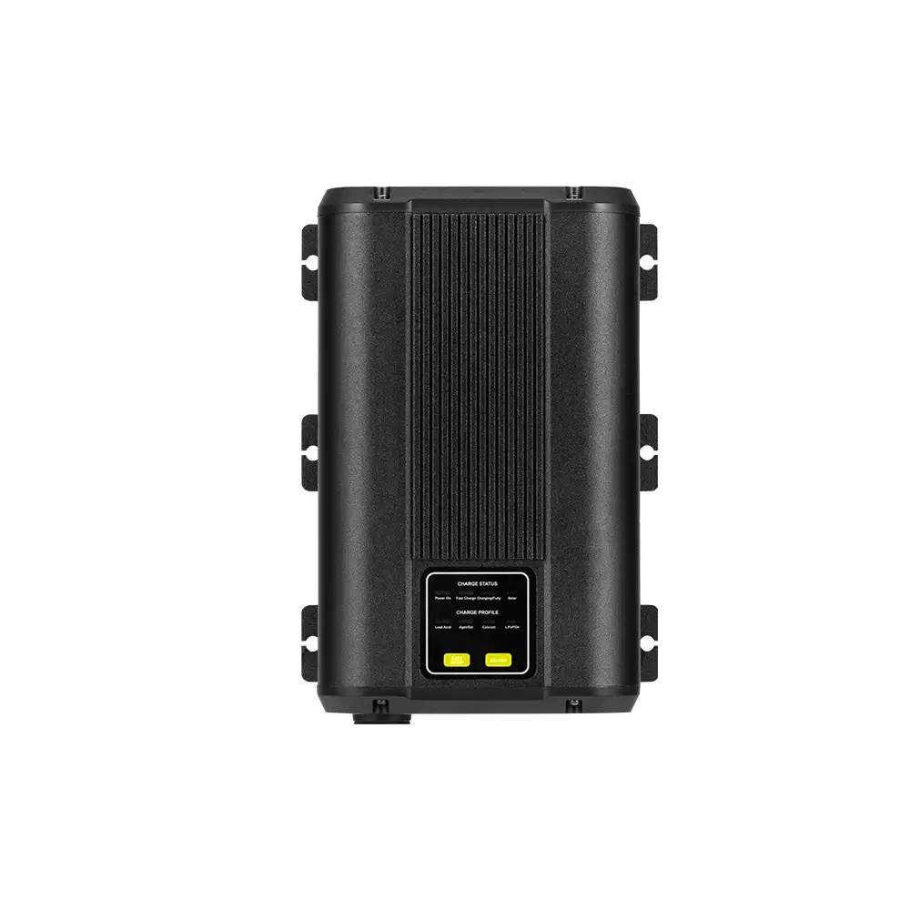 This black 60A 12V DC-DC Charger with Solar Input displays its front panel with charge status and yellow profile selection buttons.