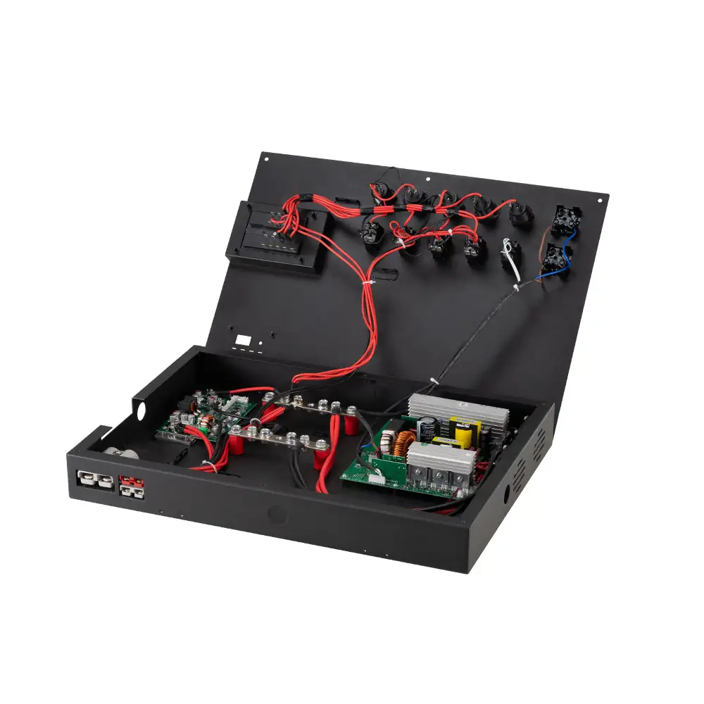 This All In One 12V Control System displays its internal green circuit boards, red wiring, silver heatsinks, and black switches within the open metal enclosure.
