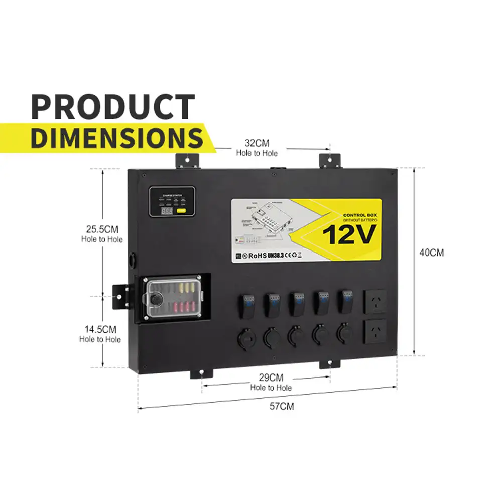 Detailed view of the black All In One 12V Control System, highlighting its product dimensions, LED display, fuse box, switches, and 12V outlets.