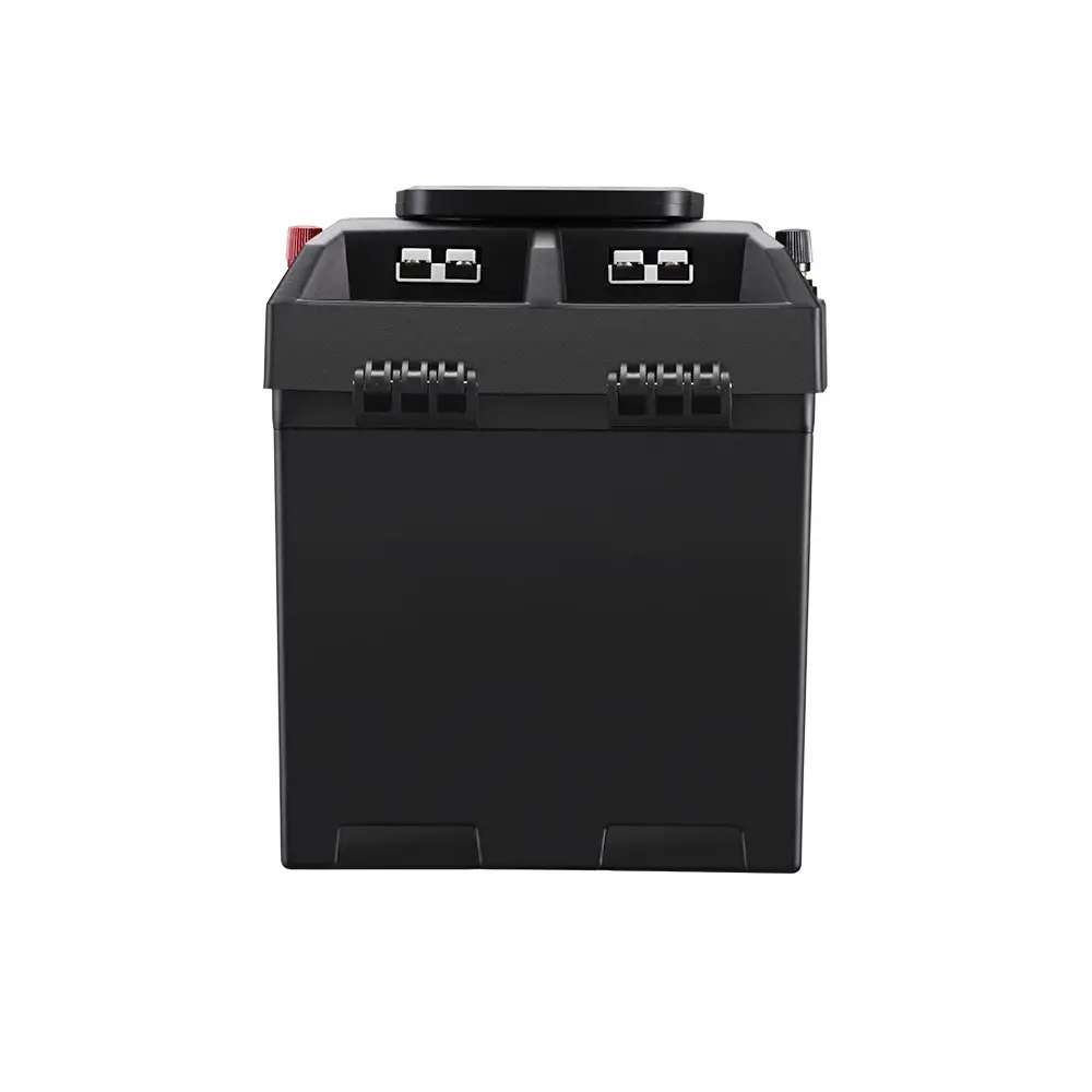 Compact 12V Battery Box with PD30W Multi-Port DC Output, showing its black housing, secure latched lid, and red/black main terminals.