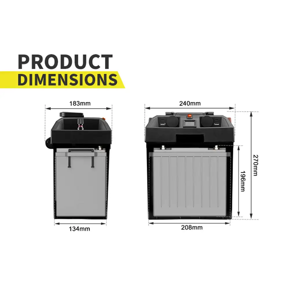 Detailed dimensions of the black Compact 12V Battery Box with PD30W Multi-Port DC Output, revealing its internal gray battery components.